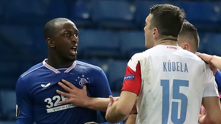 Glen Kamara (L) was allegedly subject to racist abuse during Rangers' Europa League exit on Thursday against Slavia Prague