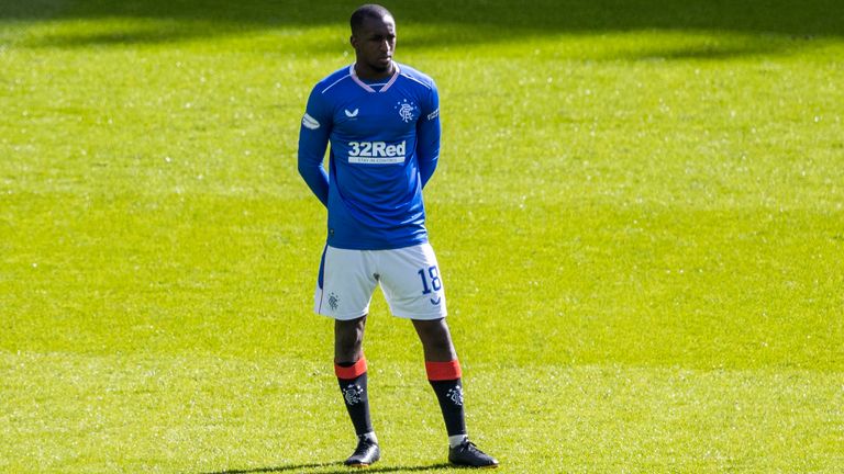 Glen Kamara is pictured as Both sets of players stand together in solidarity against Racism  during the Scottish Premiership match between Celtic and Rangers at Celtic Park,