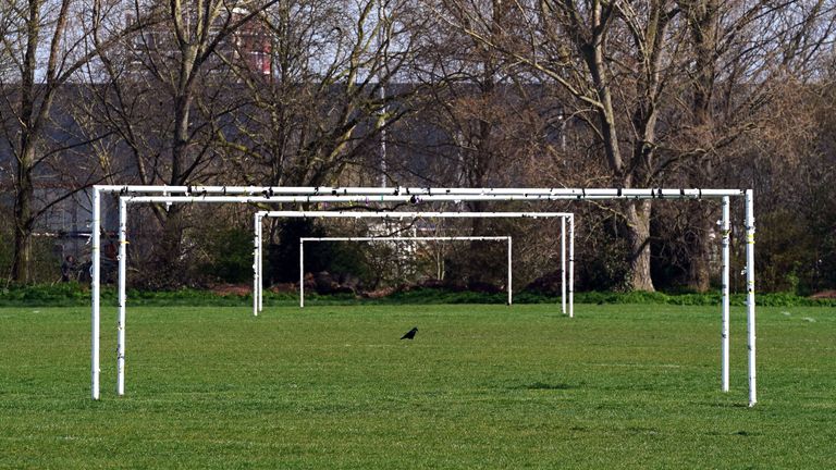 A general view of goalposts at Hackney Marshes in London, as all grassroots football in England remains postponed for the foreseeable future
