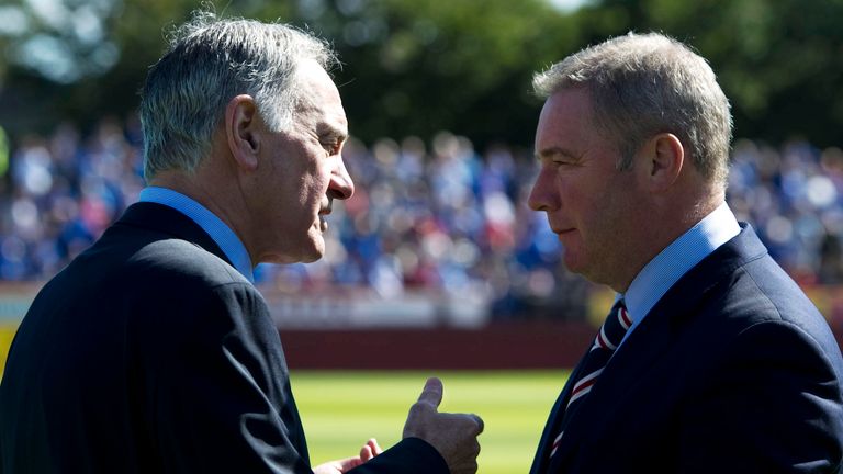 26/08/12 IRN-BRU SFL DIV3.BERWICK RANGERS v RANGERS (1-1).SHIELFIELD PARK - BERWICK.Rangers owner Charles Green (left) chats with manager Ally McCoist