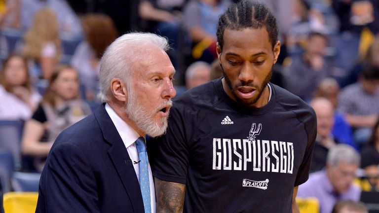 San Antonio Spurs head coach Gregg Popovich, left, talks with San Antonio Spurs forward Kawhi Leonard during the second half of Game 4 in an NBA basketball first-round playoff series against the Memphis Grizzlies Saturday, April 22, 2017, in Memphis, Tenn. (AP Photo/Brandon Dill)