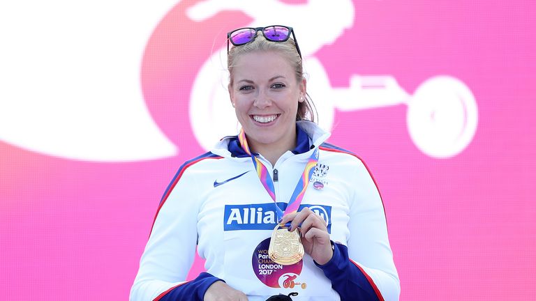 PA - Great Britain's Hannah Cockroft with her gold medal after the Women's 400m T34 Final in 2017                                                                                                                                                                                                                                                                                                                                