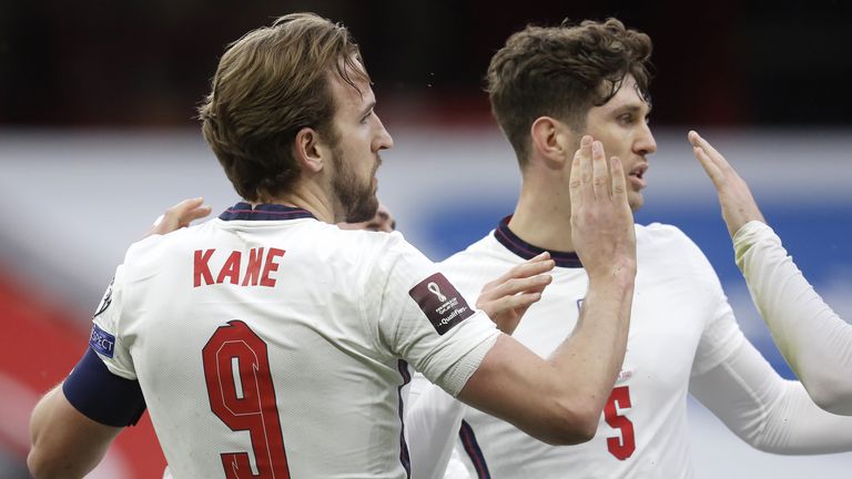Harry Kane celebrates scoring for England vs Albania 
