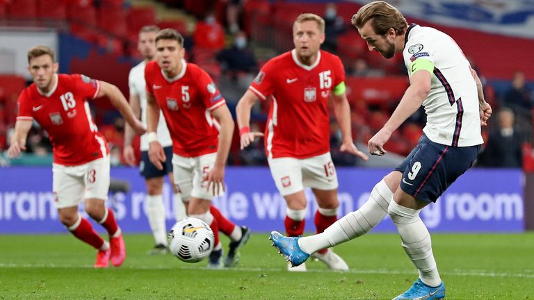 Harry Kane gives England the lead against Poland from the penalty spot