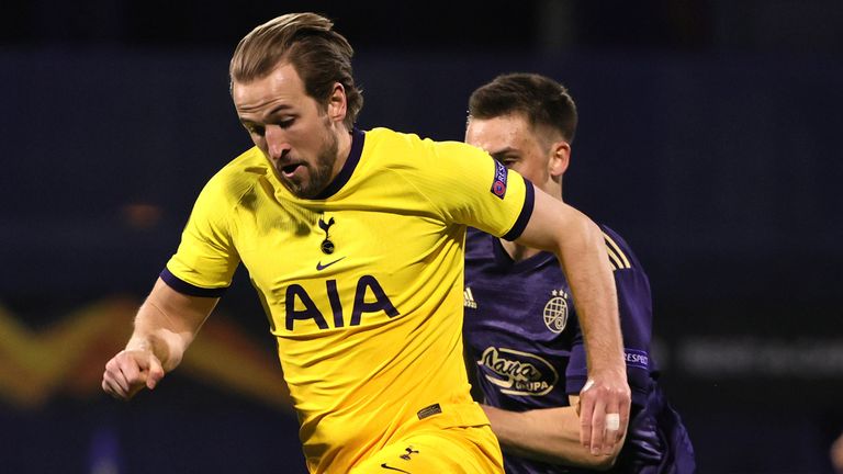 Harry Kane races forward during Spurs' Europa League last-16 second leg tie with Dinamo Zagreb