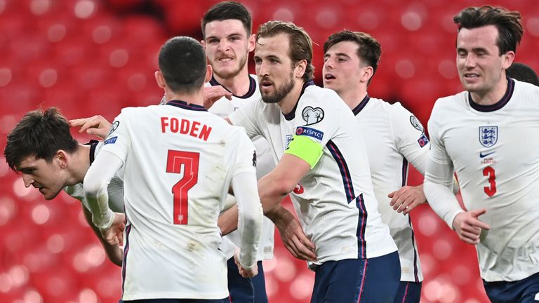England players celebrate Harry Maguire&#39;s late goal against Poland