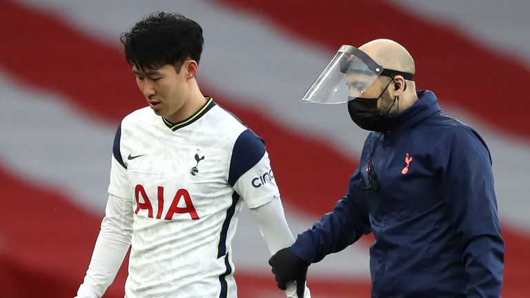 Heung-min Son leaves the pitch after picking up an injury