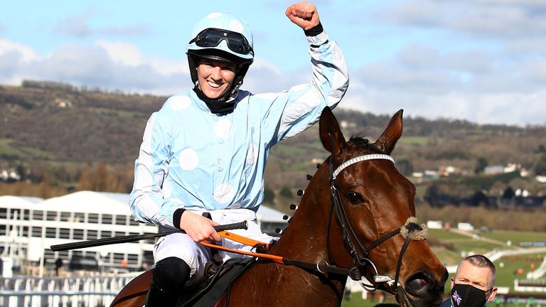 Rachael Blackmore onboard Honeysuckle celebrates after victory in the Unibet Champion Hurdle