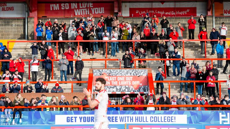 Picture by Allan McKenzie/SWpix.com - 15/03/2020 - Rugby League - Coral Challenge Cup 5th Round - Hull KR v Leigh Centurions - Hull College Craven Park, Hull, England - Hull KR's fans celebrate victory over Leigh in the Coral Challenge Cup.