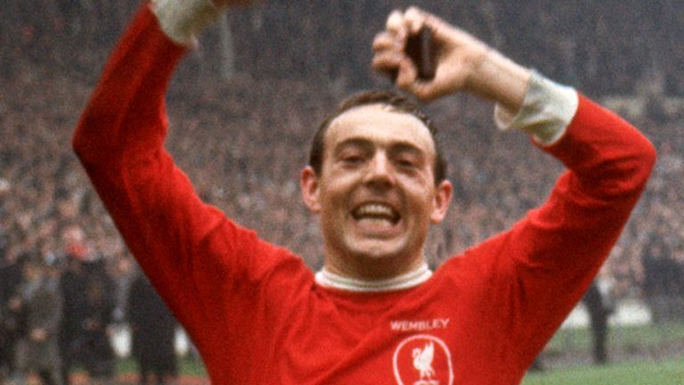 Ian St John celebrates at Wembley after scoring the winning goal for Liverpool in the 1965 FA Cup final