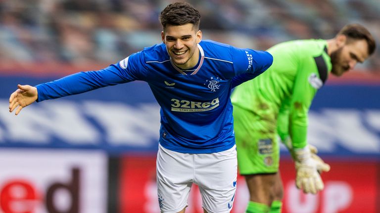 Ianis Hagi celebrates making it 3-0 during a Scottish Premiership match between Rangers and St Mirren at Ibrox Stadium