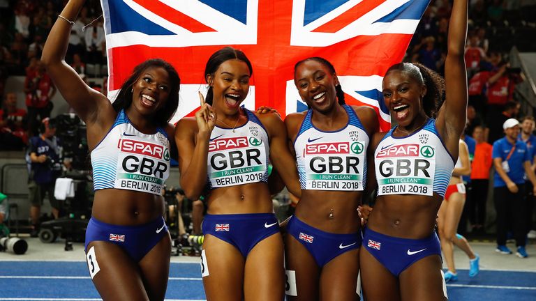PA: Imani-Lara  Lansiquot (second left) celebrates winning gold in the 4x100m relay at the 2018 European Championships in Berlin 
