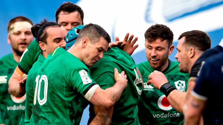 Tadhg Beire, who has been one of the standout players in this year's Six Nations, is congratulated by teammates after scoring a try