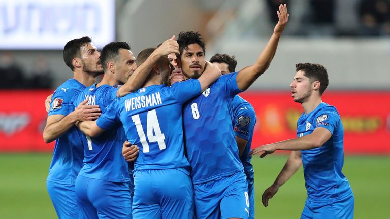 Israel's players celebrate during scoring a goal against Scotland