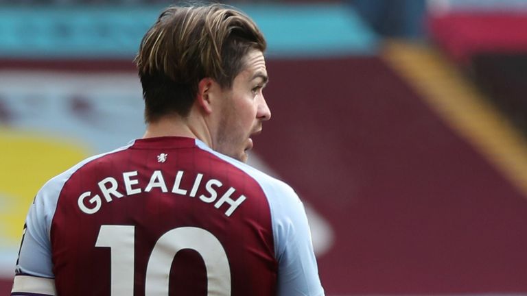 Aston Villa&#39;s English midfielder Jack Grealish is seen during the English Premier League football match between Aston Villa and Arsenal at Villa Park in Birmingham, central England on February 6, 2021. (Photo by Nick Potts / POOL / AFP) 