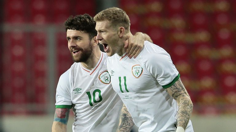 James McClean (right) celebrates giving the Republic of Ireland an early lead against Qatar
