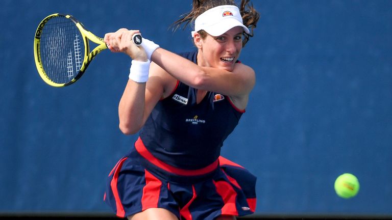 Johanna Konta returns a ball against Heather Watson during a Women's Singles match at the 2020 US Open, Tuesday, Sept. 1, 2020 in Flushing, NY. (Rhea Nall/USTA via AP)