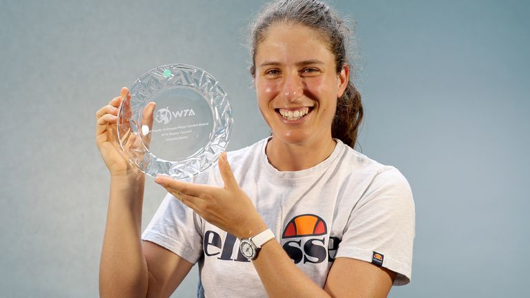Johanna Konta of Great Britain poses with her 2020 WTA Peachy Kellmeyer Player Service award during the Miami Open at Hard Rock Stadium on March 24, 2021 in Miami Gardens, Florida. (Photo by Matthew Stockman/Getty Images)