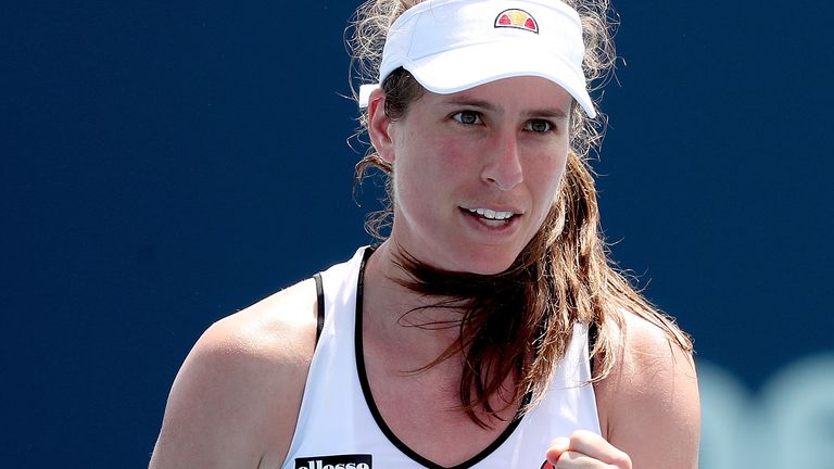Johanna Konta of Great Britain celebrates against Magda Linette of Poland during the Miami Open at Hard Rock Stadium on March 25, 2021 in Miami Gardens, Florida. (Photo by Matthew Stockman/Getty Images)