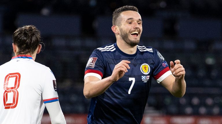 GLASGOW, SCOTLAND - MARCH 31: Scotland's John McGinn celebrates after scoring to make it 1-0 during a World Cup qualifier between Scotland and the Faroe Islands at Hampden Park, on March 31, 2021, in Glasgow, Scotland. (Photo by Craig Williamson / SNS Group)