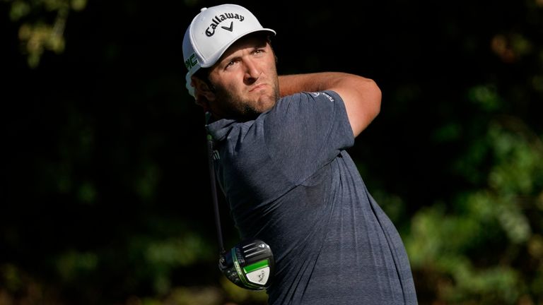 Jon Rahm tees off on the 13th hole during the second round of the Genesis Invitational golf tournament at Riviera Country Club