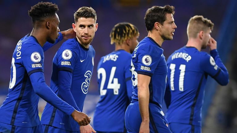 Jorginho celebrates with Chelsea team-mates after scoring against Everton
