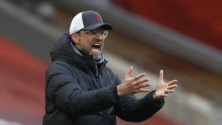 Liverpool manager Jurgen Klopp gestures on the touchline during the Premier League match at Anfield, Liverpool. Picture date: Sunday March 7, 2021.