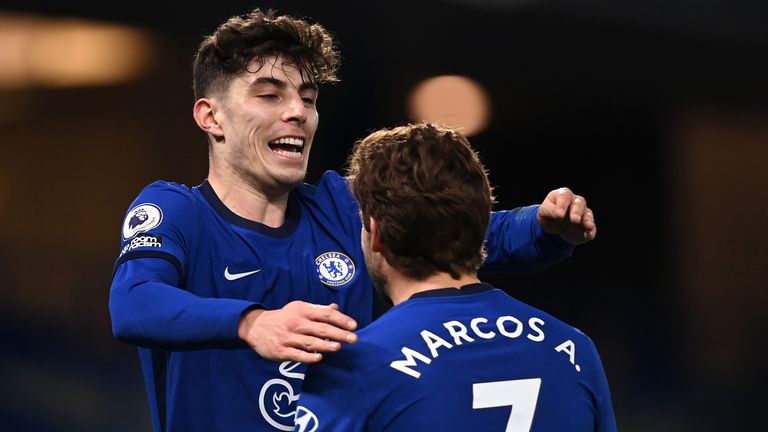 Kai Havertz celebrates with Marcos Alonso after scoring for Chelsea vs Everton