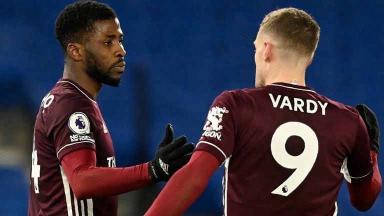 Kelechi Iheanacho celebrates his goal at Brighton with Jamie Vardy