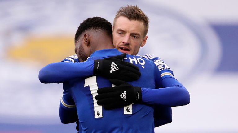 Kelechi Iheanacho and Jamie Vardy celebrate after combing to give Leicester a 1-0 lead (AP)