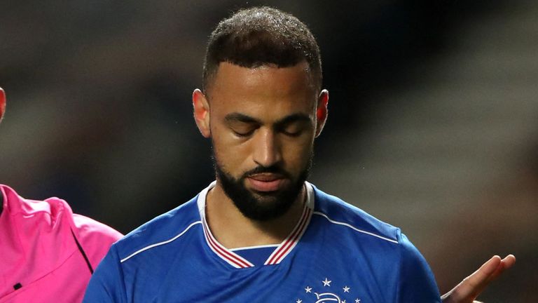 Rangers striker Kemar Roofe walks off the pitch after being sent off in the Europa League last-16 second tie against Slavia Prague