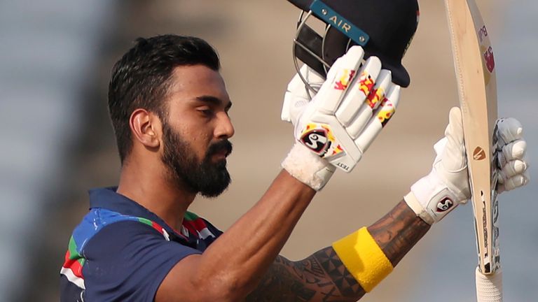 AP - India's KL Rahul celebrates reaching his fifth ODI century