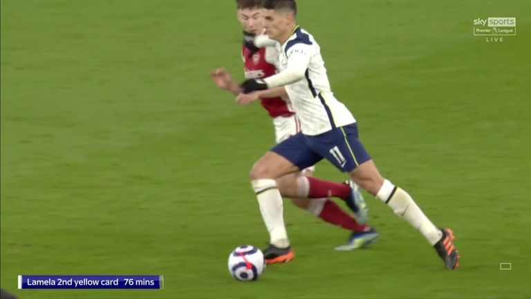 Erik Lamela was shown a second yellow card and sent off for this foul on Kieran Tierney