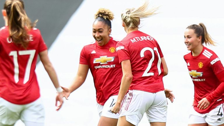 Lauren James celebrates after giving Man Utd the lead against West Ham