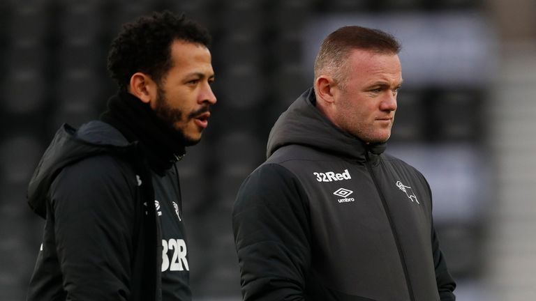 Derby assistant coach Liam Rosenior alongside manager Wayne Rooney