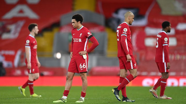 Liverpool&#39;s Trent Alexander-Arnold (centre) and his team-mates appear dejected after the Premier League match at Anfield, Liverpool. Picture date: Thursday March 4, 2021.