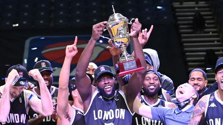 The London Lions celebrate winning the BBL Trophy Final 