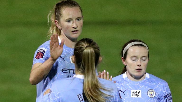 Manchester City celebrate Sam Mewis scoring the final goal in their 3-0 win at Bristol City (PA)