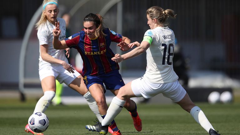 FC Barcelona's Mariona Caldentey takes over Ellen White and Manchester City's Chloe Kelly during a UEFA Women's Champions League match at Stadio Brianteo, Monza (AP)