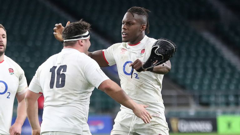 Maro Itoje (R) and Jamie George celebrate their win over France