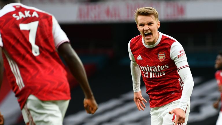 Arsenal Martin Odegaard feiert den Ausgleich