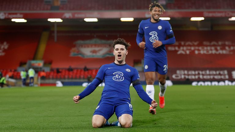 Mason Mount celebrates his goal late in the first half (AP)