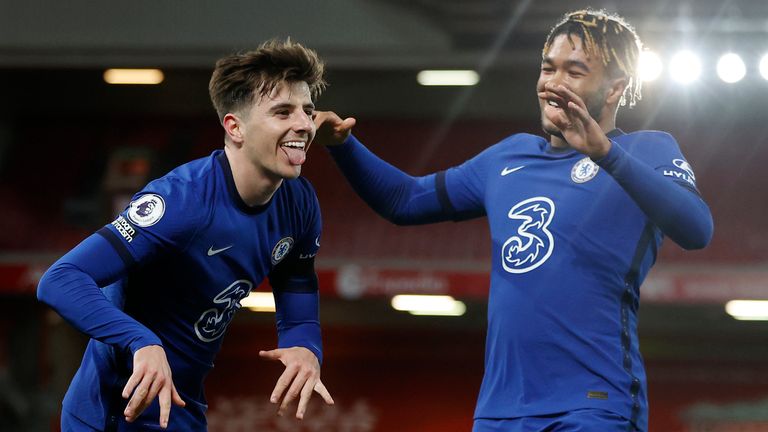 Mason Mount celebrates his goal with Reece James (AP)