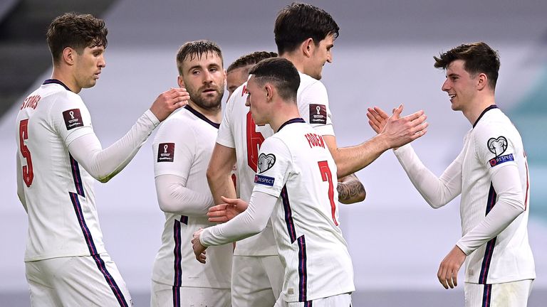 Mason Mount celebrates scoring for England against Albania