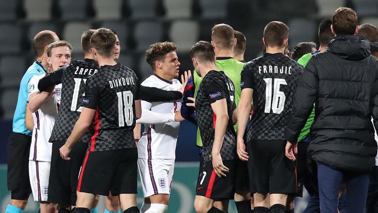 England U21 players clash with Croatia U21 players at the final whistle as they are knocked out of Euro 2021