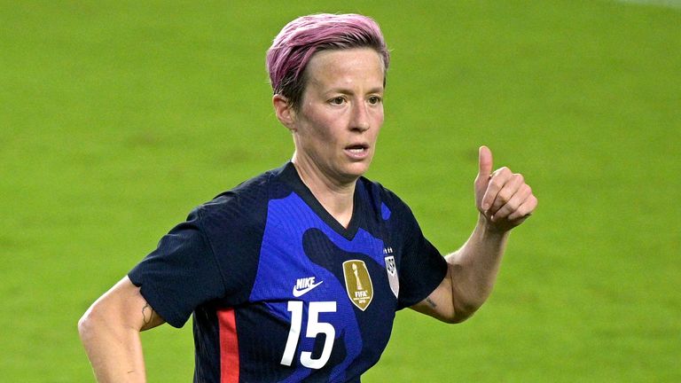United States forward Megan Rapinoe (15) during the second half of a SheBelieves Cup women&#39;s soccer match against Argentina, Wednesday, Feb. 24, 2021, in Orlando, Fla. (AP Photo/Phelan M. Ebenhack)