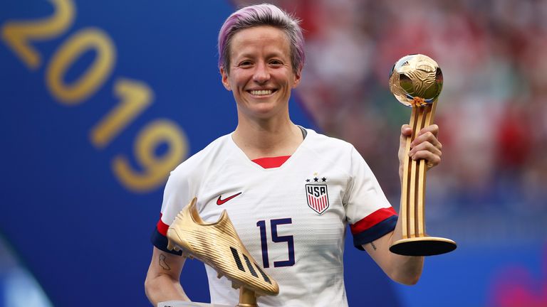 FILE - In this Sunday, July 7, 2019 file photo, United States' Megan Rapinoe poses with her individual awards at the end of the Women's World Cup final soccer match between US and The Netherlands at the Stade de Lyon in Decines, outside Lyon, France. (AP Photo)