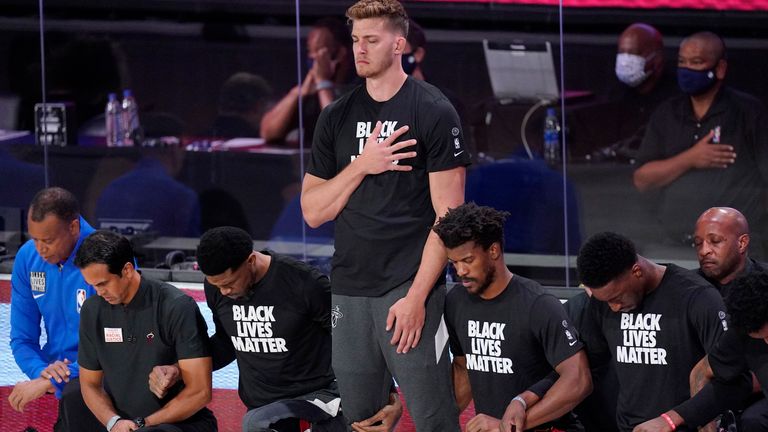 Meyers Leonard opted to stand for the US national anthem during matches in the NBA bubble last summer (AP)