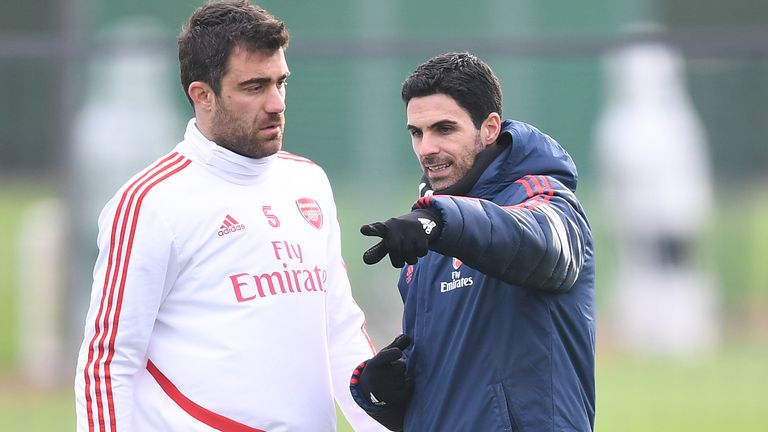 Arsenal Head Coach Mikel Arteta with defender Sokratis during a training session at London Colney on January 26, 2020 in St Albans, England. (Photo by Stuart MacFarlane/Arsenal FC via Getty Images)