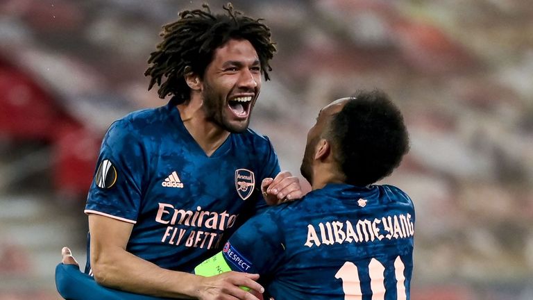 Mohamed Elneny celebrates scoring Arsenal's third goal with Pierre-Emerick Aubameyang